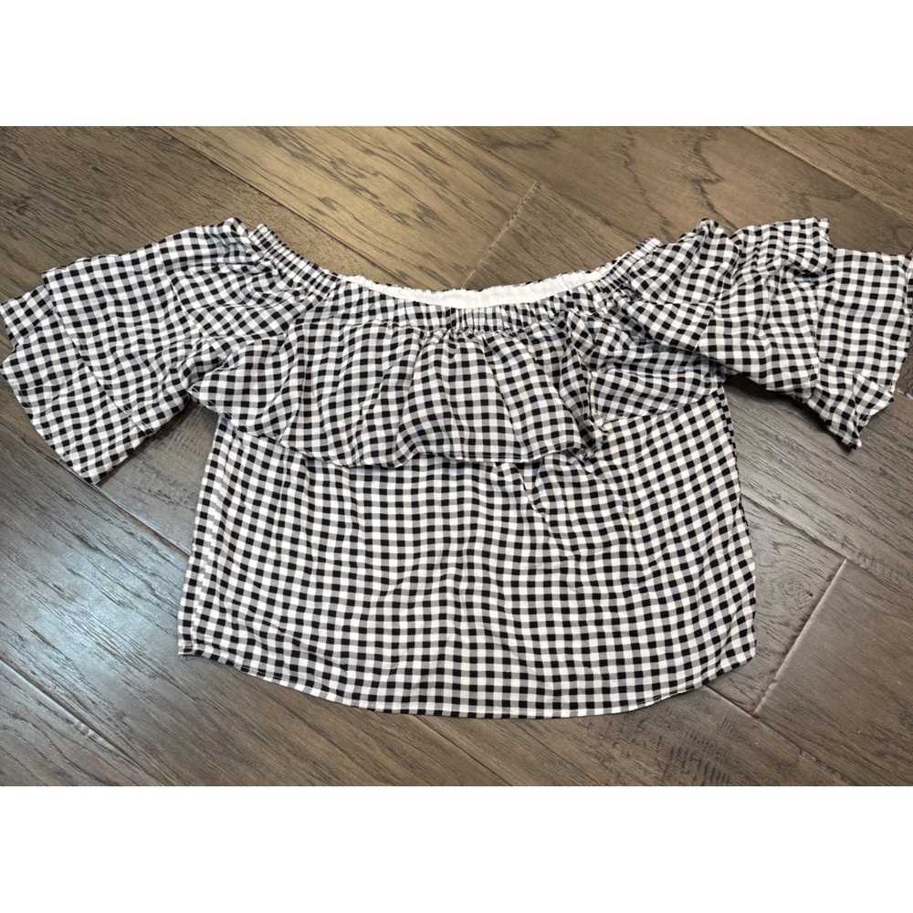 Lucca Off Shoulder‎ Top Gingham Ruffle Flounce Short Sleeve Blouse Medium